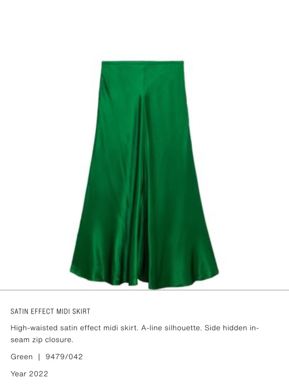 Zara Emerald Satin-Effect A-Line Midi Skirt
